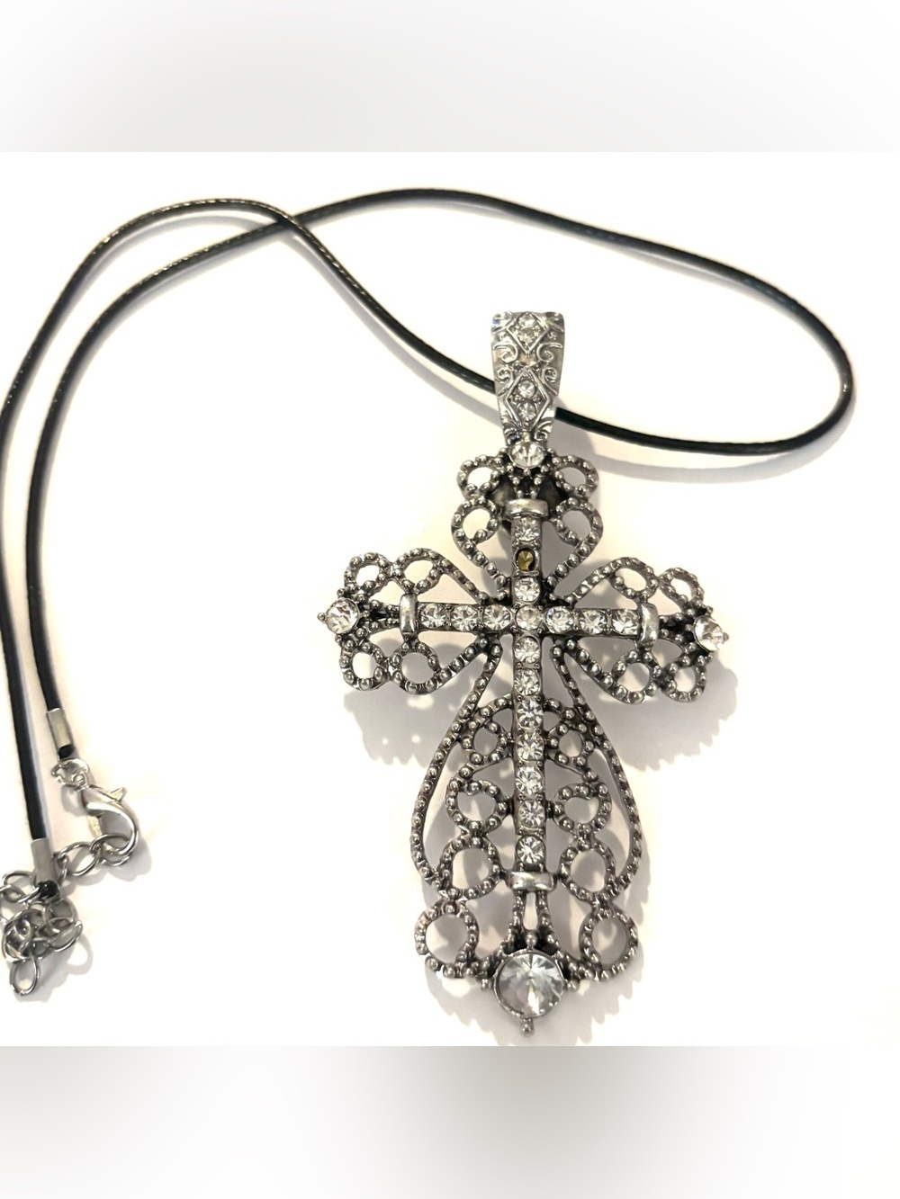 Vintage Silver Filigree Cross Necklace with Clear Crystals